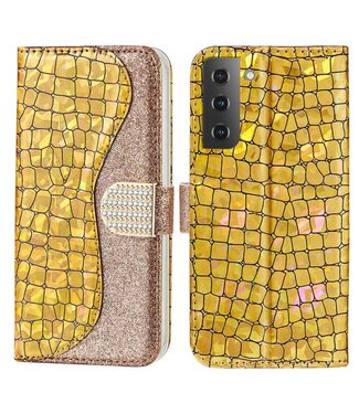 Goud Krokodillen Glitter Bookcase Hoesje Samsung Galaxy S23