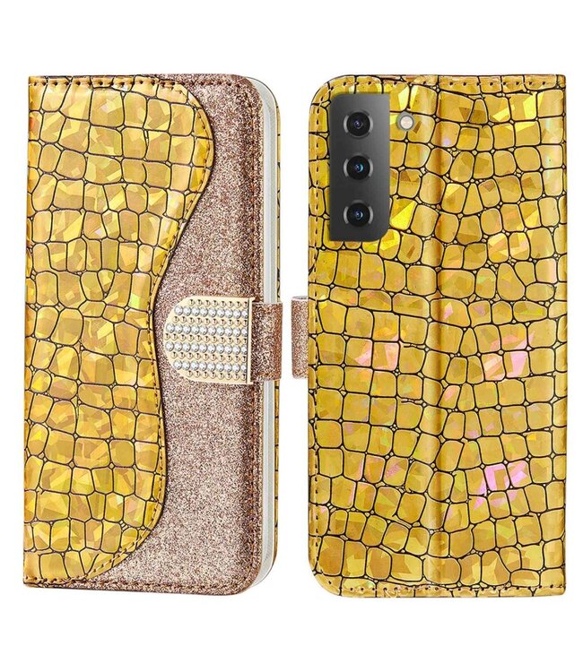 Goud Krokodillen Glitter Bookcase Hoesje voor de Samsung Galaxy S23