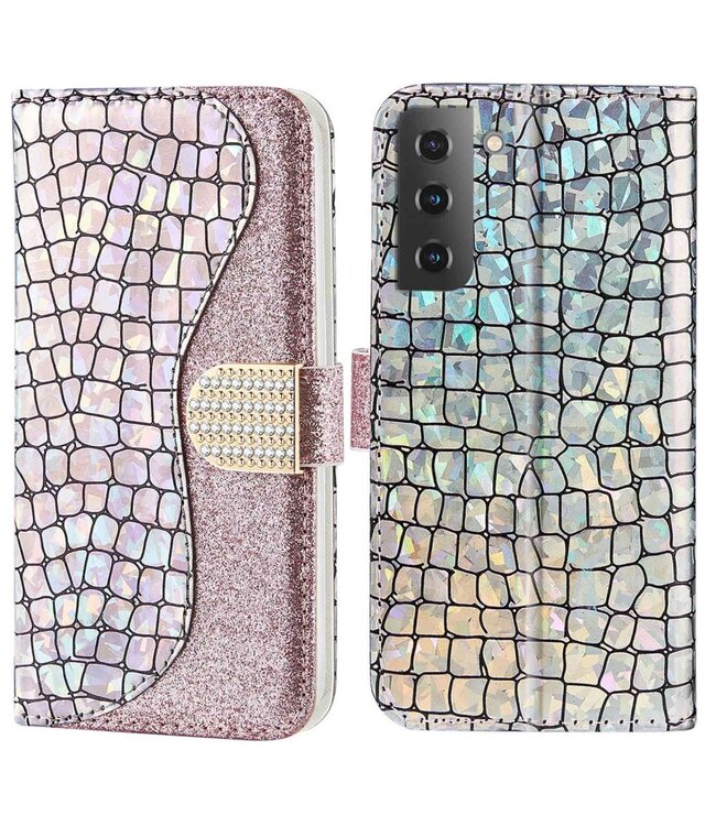 Rosegoud Krokodillen Glitter Bookcase Hoesje voor de Samsung Galaxy S23