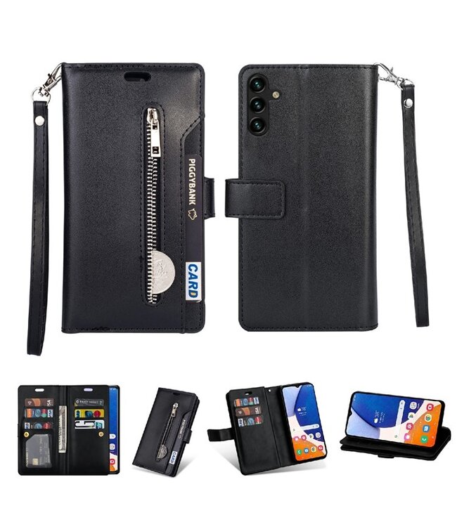 Zwart - multi-functioneel leder portemonnee hoesje met polsbandje voor de Samsung Galaxy A54 5G