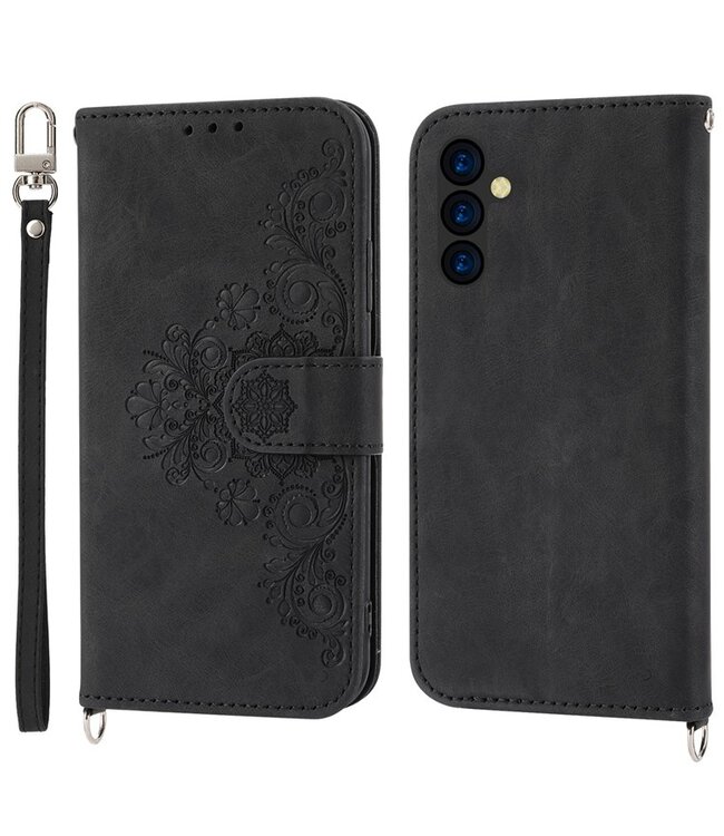 Zwart - leder hoesje met shouderriem met polsbandje voor de Samsung Galaxy A54 5G