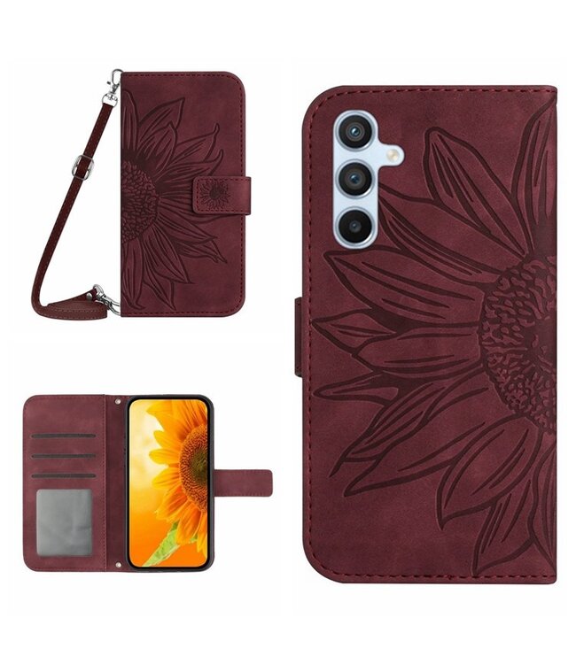 Wijnrood - leder hoesje met shouderriem voor de Samsung Galaxy A54 5G