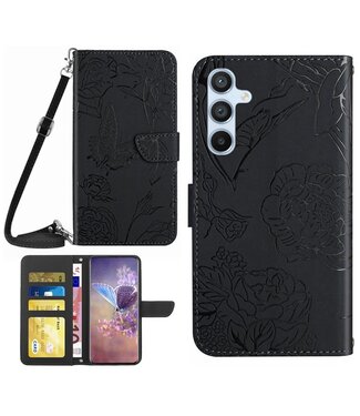 Zwart - leder hoesje met shouderriem - Samsung Galaxy A54 5G