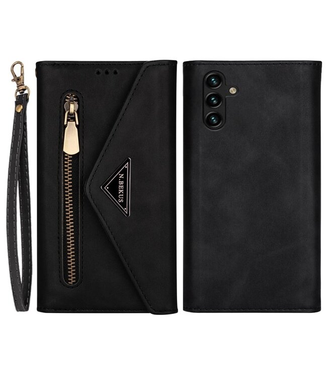 Zwart - leder hoesje met koord (kort + lang) voor de Samsung Galaxy A54 5G