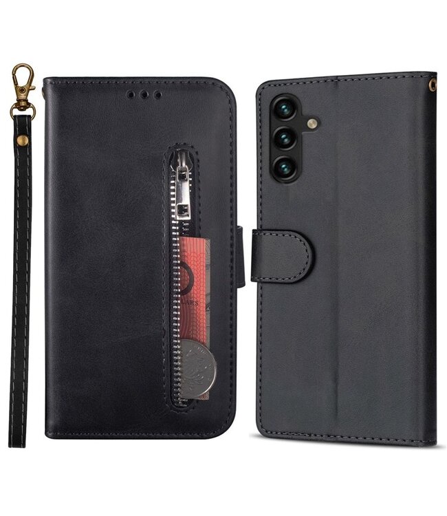 Zwart - leder hoesje met polsbandje voor de Samsung Galaxy A54 5G