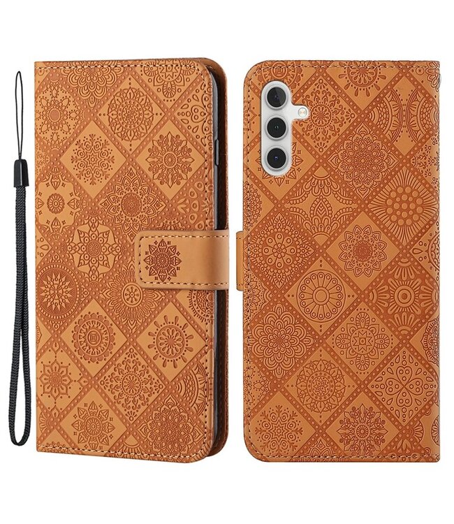 Bruin - ethnisch design faux leder hoesje met polsbandje voor de Samsung Galaxy A54 5G