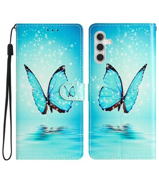 Blauwe vlinder - portemonnee hoesje met polsbandje - Samsung Galaxy A54 5G