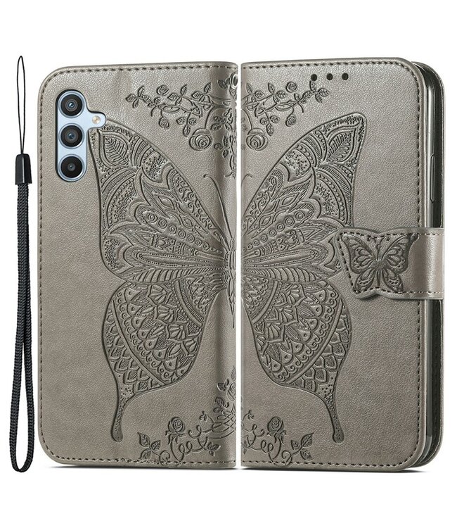 Grijs - geëmbosseerd vlinder leder portemonnee hoesje met polsbandje voor de Samsung Galaxy A54 5G