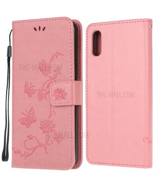 Roze - geëmbosseerd vlinder bloemen leder bookcase hoesje met koord - Samsung Galaxy Xcover 5