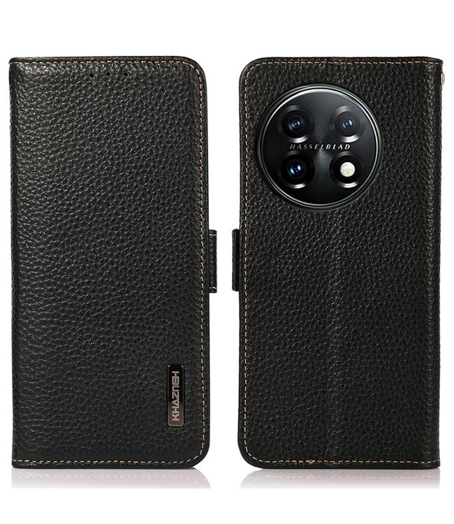 Zwarte Khazneh Litchi Leer Hoesje - Portemonnee & Stand voor de OnePlus 11