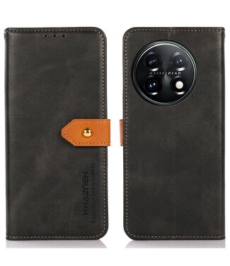 Zwarte Khazneh portemonnee hoesje met koeienhuid textuur en gouden gesp en standaard - OnePlus 11