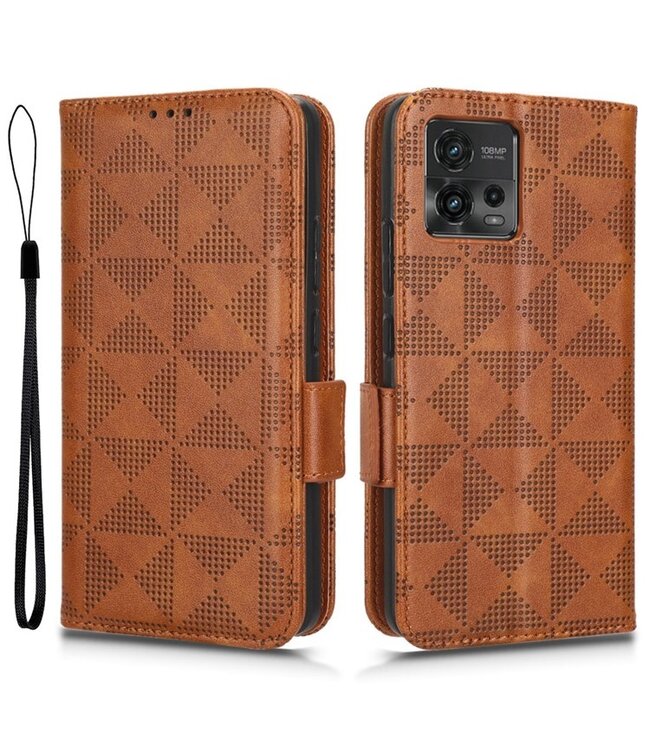 SoFetch Moto G72 - hoesje - bruin met driehoekpatroon en strap