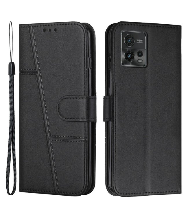 SoFetch Motorola Moto G72 Hoesje - Zwart faux leder met Stand en Strap