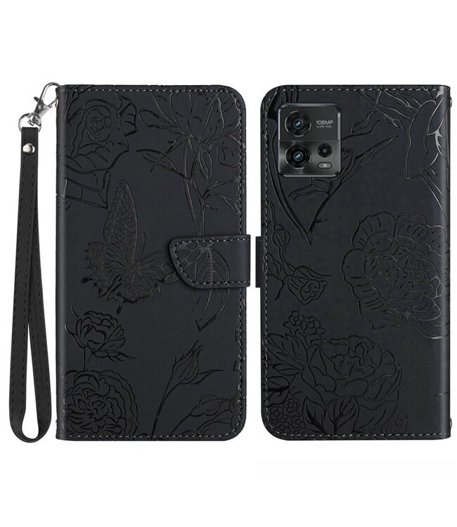 SoFetch Motorola Moto G72 4G hoesje - vlinder bloem ontwerp - zwart