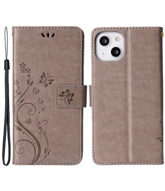 SoFetch Grijs Bloem Vlinder Bookcase Hoesje iPhone 15