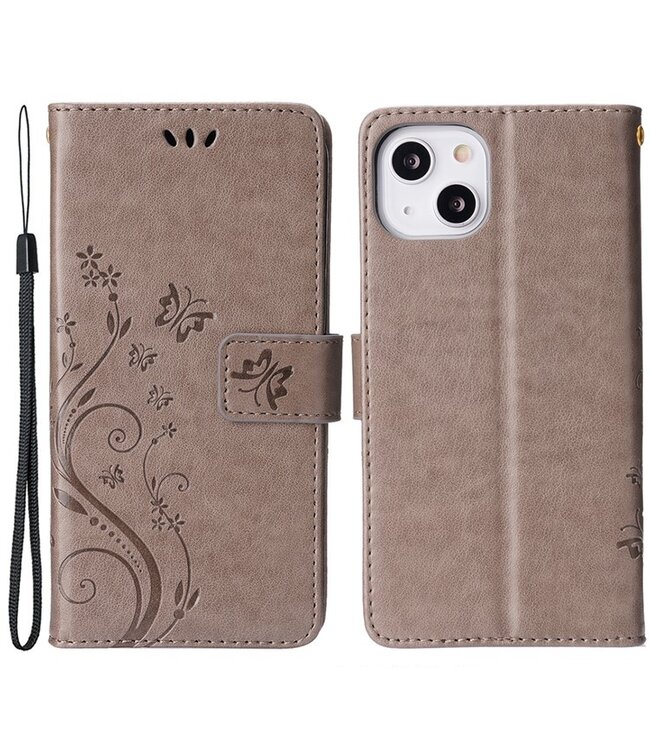 SoFetch Grijs Bloem Vlinder Bookcase Hoesje voor de iPhone 15