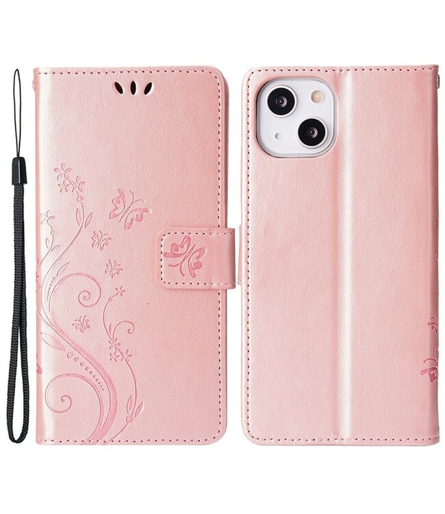 SoFetch Roze Bloemen Vlinders Bookcase Hoesje voor de iPhone 15 Plus