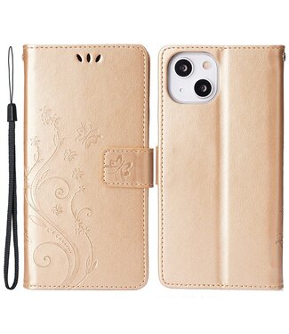 SoFetch Goud Bloemen Vlinders Bookcase Hoesje iPhone 15 Plus