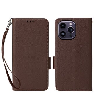 SoFetch Bruin Litchee Bookcase Hoesje met Handriem iPhone 15 Plus