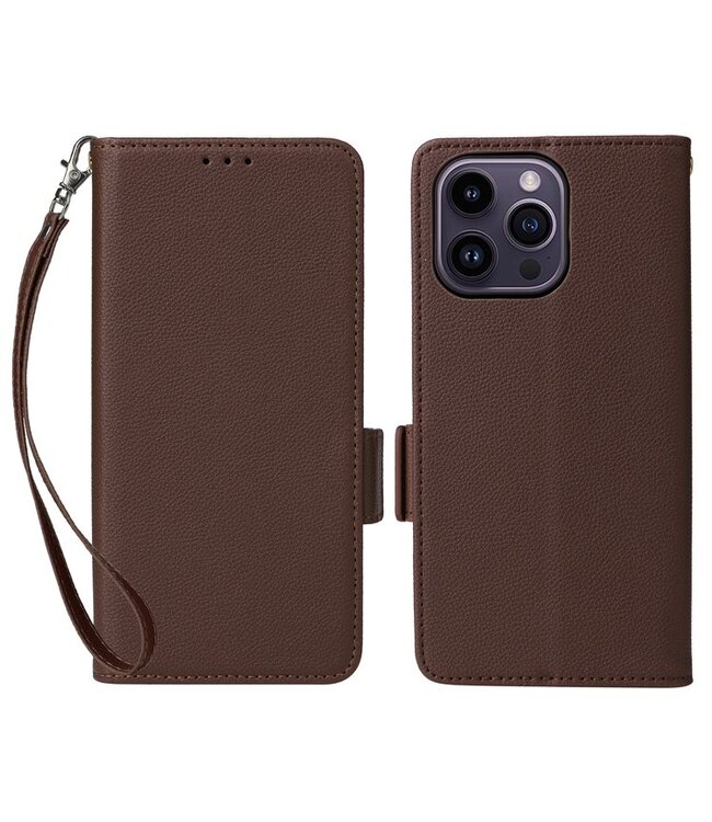 SoFetch Bruin Litchee Bookcase Hoesje met Handriem voor de iPhone 15 Plus