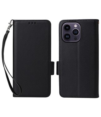 SoFetch Zwart Litchee Bookcase Hoesje met Handriem iPhone 15 Plus