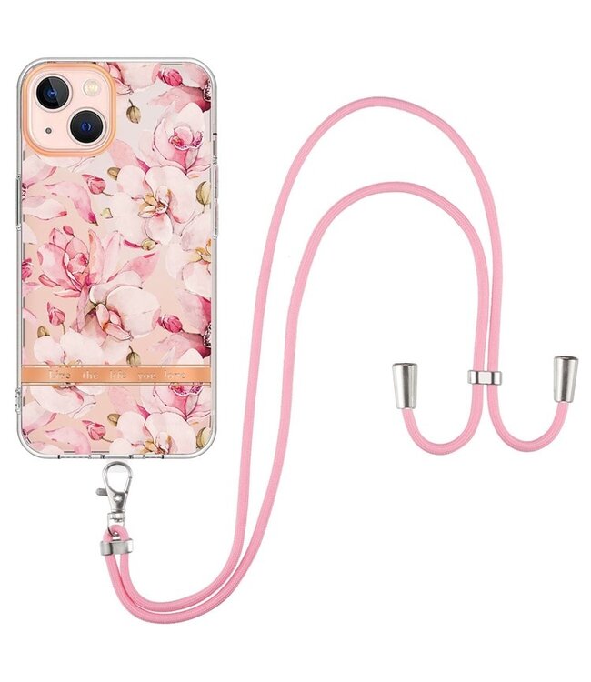 YB Roze Gardenia TPU Hoesje met Koord voor de iPhone 15 Plus