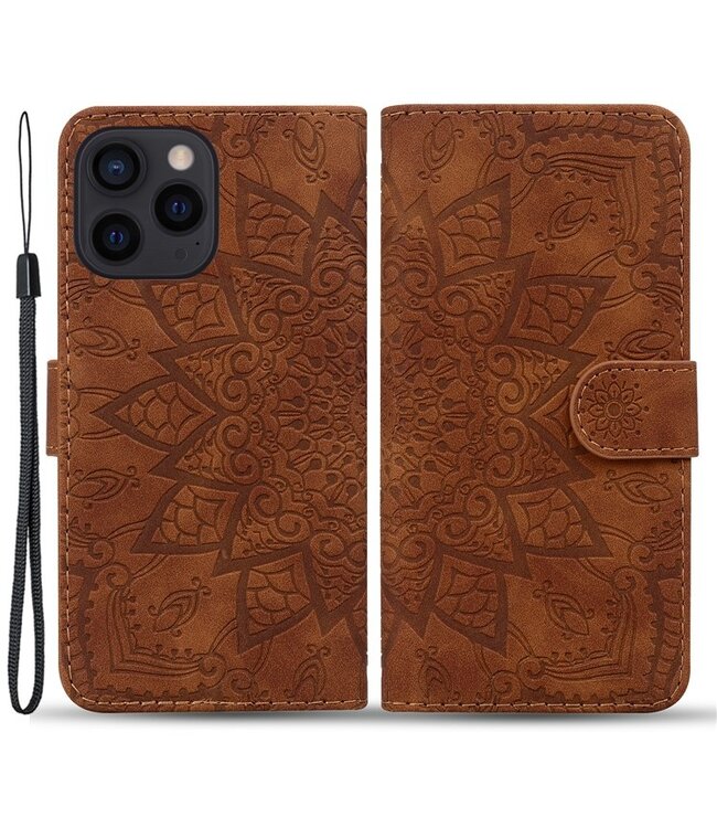 SoFetch Bruin Mandala Bookcase Hoesje met Polsbandje voor de iPhone 15 Plus