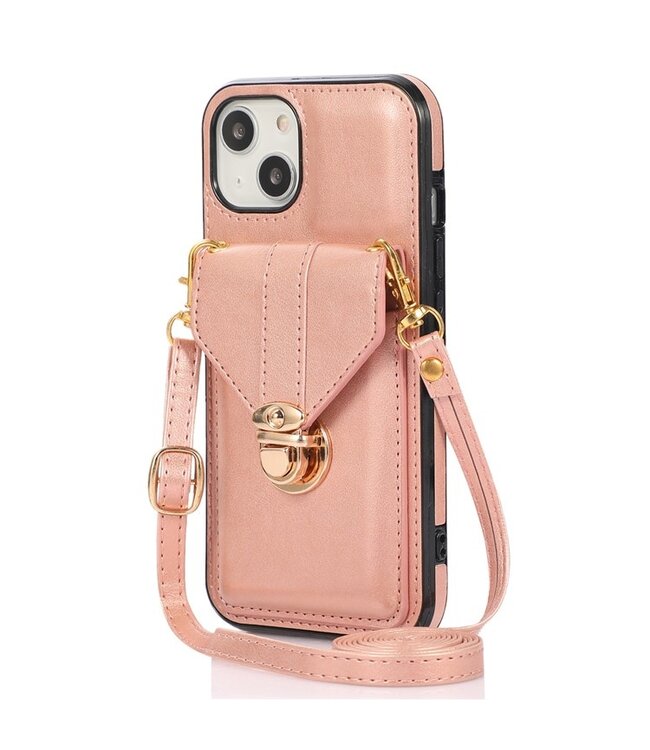 SoFetch Rosegoud Wallet Faux Leder Hoesje met Koord voor de iPhone 15 Plus