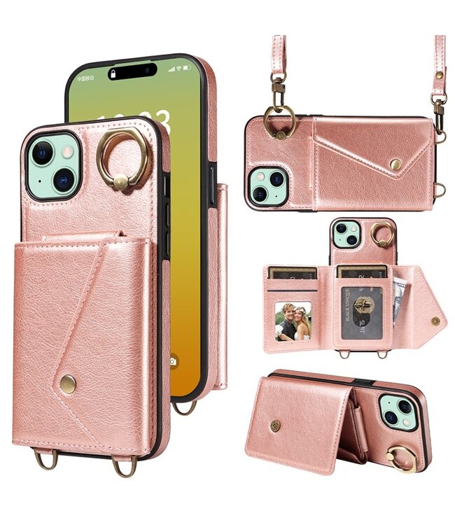 SoFetch Rosegoud Portemonnee Litchee Hybride voor de iPhone 15 Plus