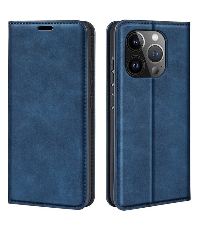 SoFetch Blauw Splitleder Bookcase Hoesje voor de iPhone 15 Pro