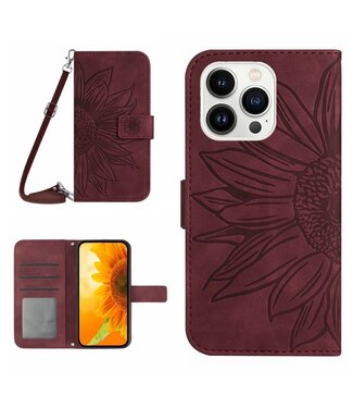 SoFetch Bordeaux Rood Zonnebloem Bookcase Hoesje iPhone 15 Pro