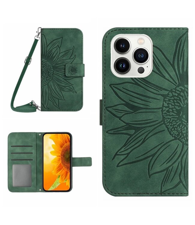 SoFetch Donkergroen Zonnebloem Bookcase Hoesje voor de iPhone 15 Pro
