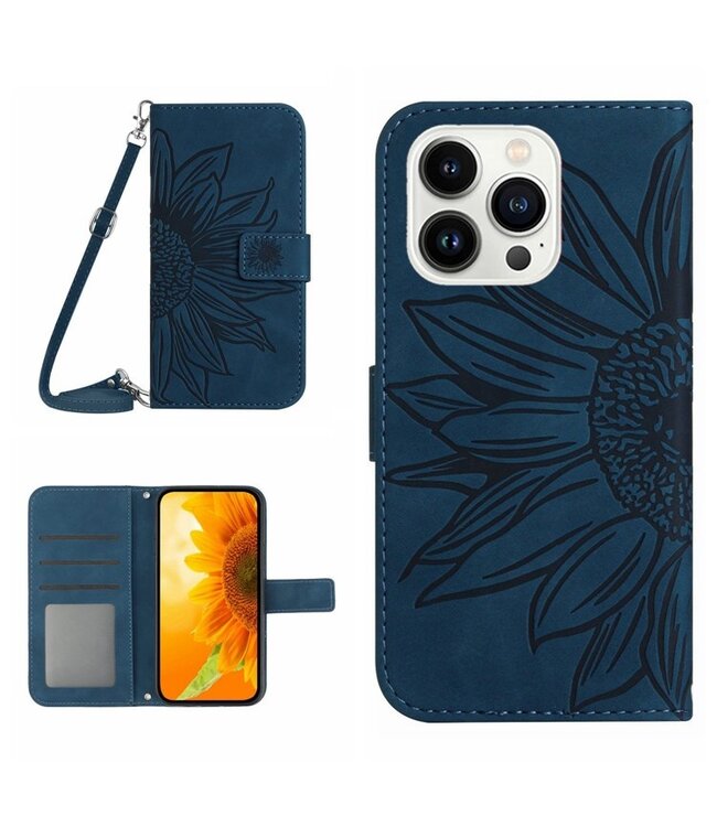 SoFetch Donkerblauw Zonnebloem Bookcase Hoesje voor de iPhone 15 Pro