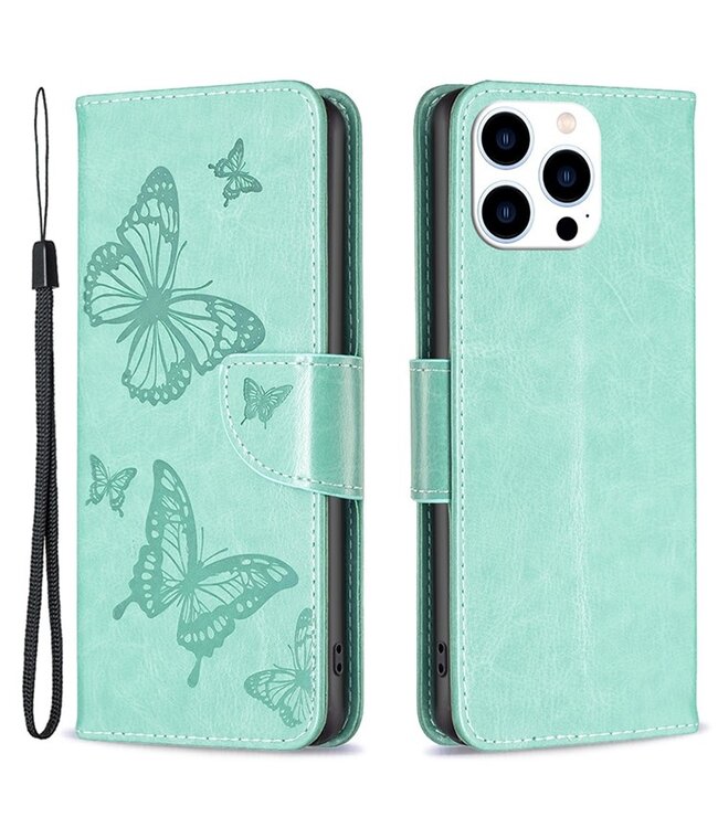 SoFetch Groen Vlinders Bookcase Hoesje voor de iPhone 15 Pro