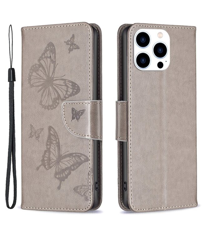 SoFetch Grijs Vlinders Bookcase Hoesje voor de iPhone 15 Pro