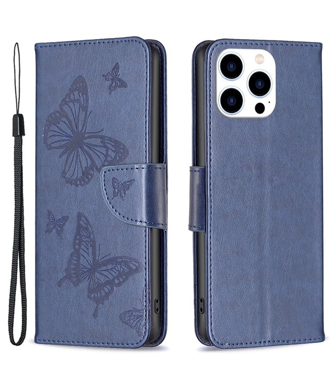 SoFetch Blauw Vlinders Bookcase Hoesje voor de iPhone 15 Pro