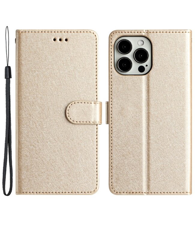 SoFetch Goud Zijde Bookcase Hoesje met Koord voor de iPhone 15 Pro