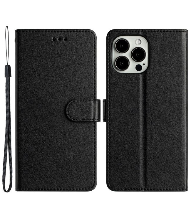 SoFetch Zwart Zijde Bookcase Hoesje voor de iPhone 15 Pro