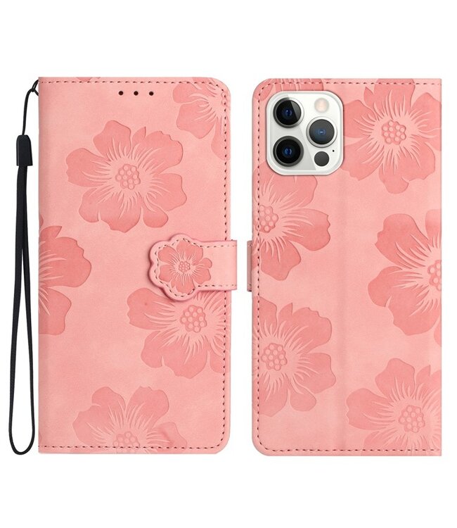 SoFetch Roze Bloemen Bookcase Hoesje voor de iPhone 15 Pro