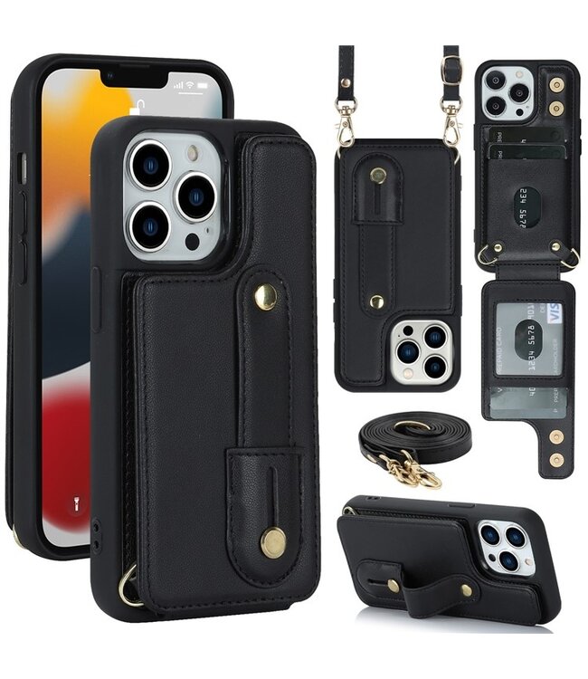 SoFetch Zwart Pasjeshouder Wallet Hoesje met Koord voor de iPhone 15 Pro
