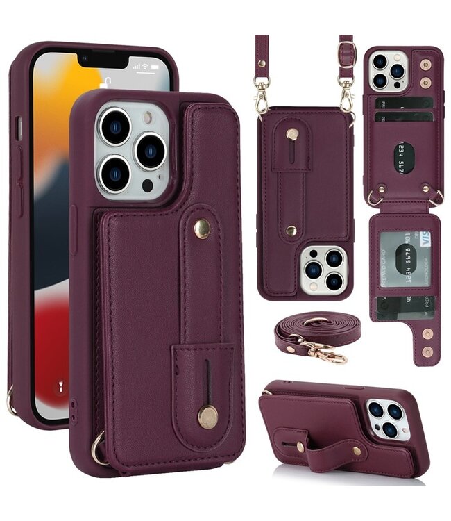 SoFetch Bordeaux Rood Pasjeshouder Wallet Hoesje met Koord voor de iPhone 15 Pro