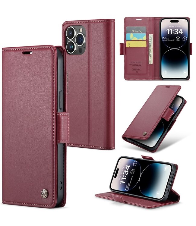 Bordeaux Rood RFID Litchee Bookcase Hoesje voor de iPhone 15 Pro