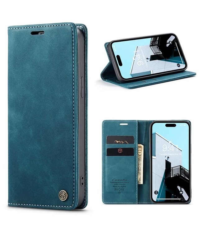 CaseMe Blauw Antikras Bookcase Hoesje voor de iPhone 15 Pro