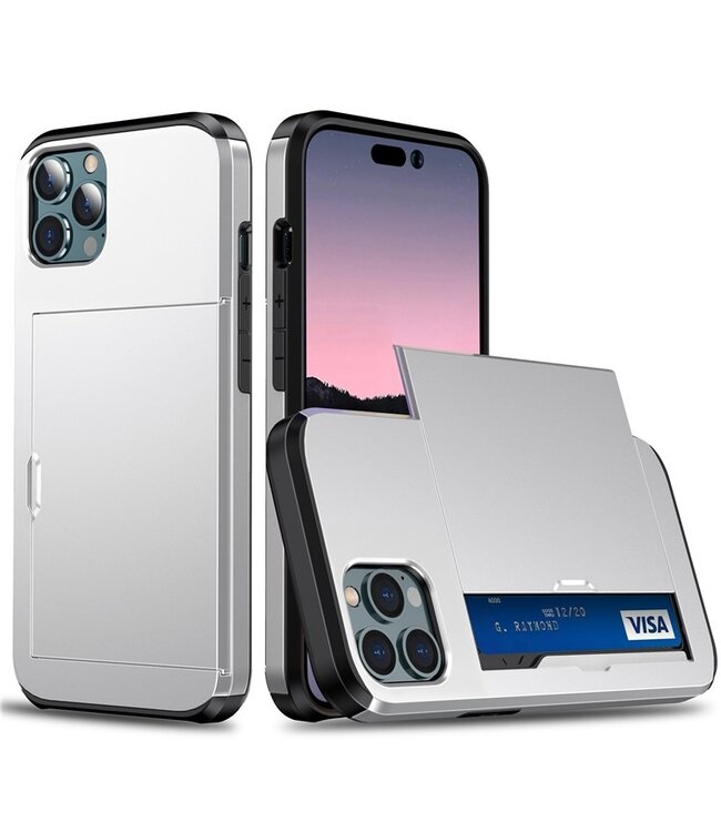 SoFetch Zilver Pasjeshouder Hybride Hoesje met Handriem voor de iPhone 15 Pro Max