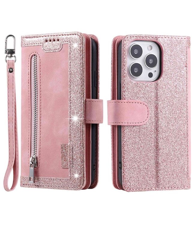 SoFetch Roze Wallet Bookcase Hoesje met Polsbandje voor de iPhone 15 Pro Max