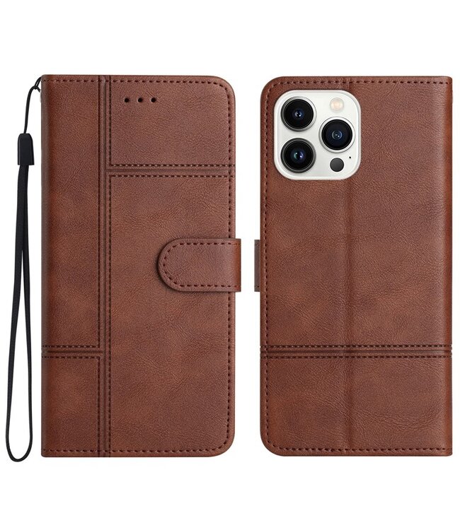 SoFetch Bruin Lijnen Bookcase Hoesje met Polsbandje voor de iPhone 15 Pro Max