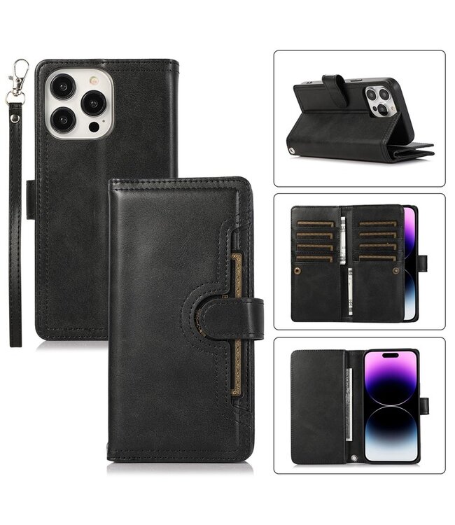 SoFetch Zwart Wallet Bookcase Hoesje met Polsbandje voor de iPhone 15 Pro Max