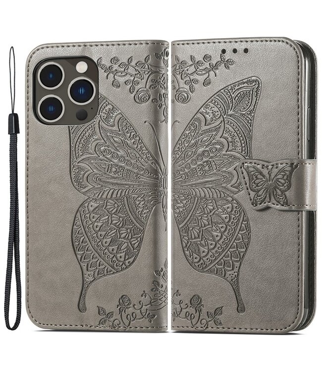 SoFetch Grijs Vlinder Bookcase Hoesje voor de iPhone 15 Pro Max
