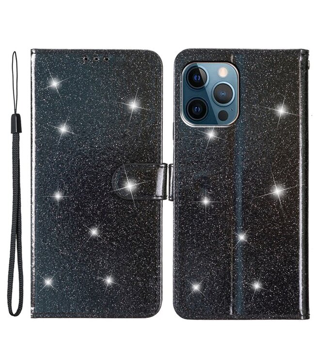 SoFetch Zwart Glitters Bookcase Hoesje voor de iPhone 15 Pro Max