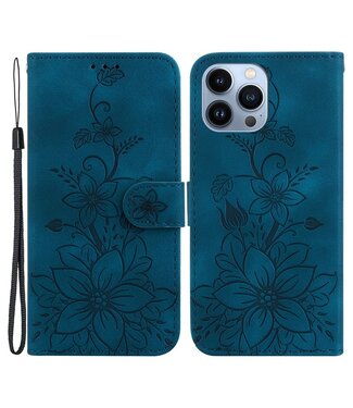 SoFetch Donkerblauw Bloemen Bookcase Hoesje iPhone 15 Pro Max